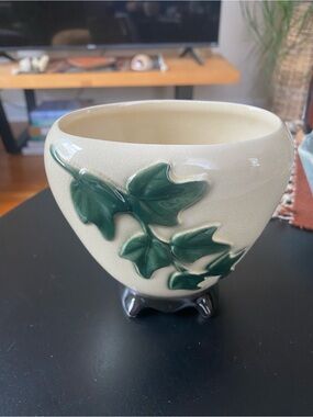 Vintage Ivory Ceramic Planter with Green Leaf Relief